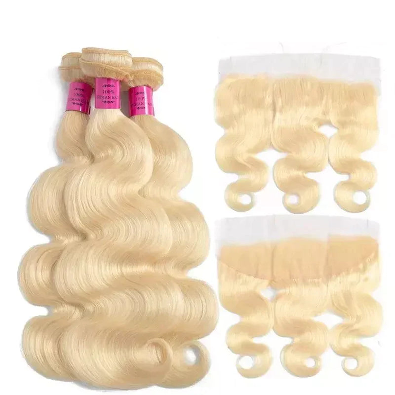 613# Blonde with Free Part Remy Human Hair Body Wave 3Bundles with 13X4 Lace Frontal-Zlike