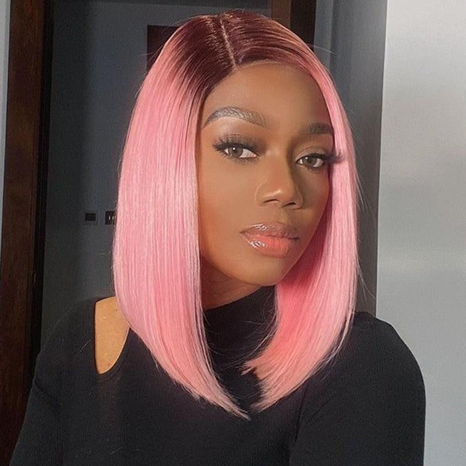 MOONHAIR Short Bob Wig Straight Human Hair Transparent Lace Full Frontal Lace Closure Bob Wig Blue/Red/ (13*4/4*4))