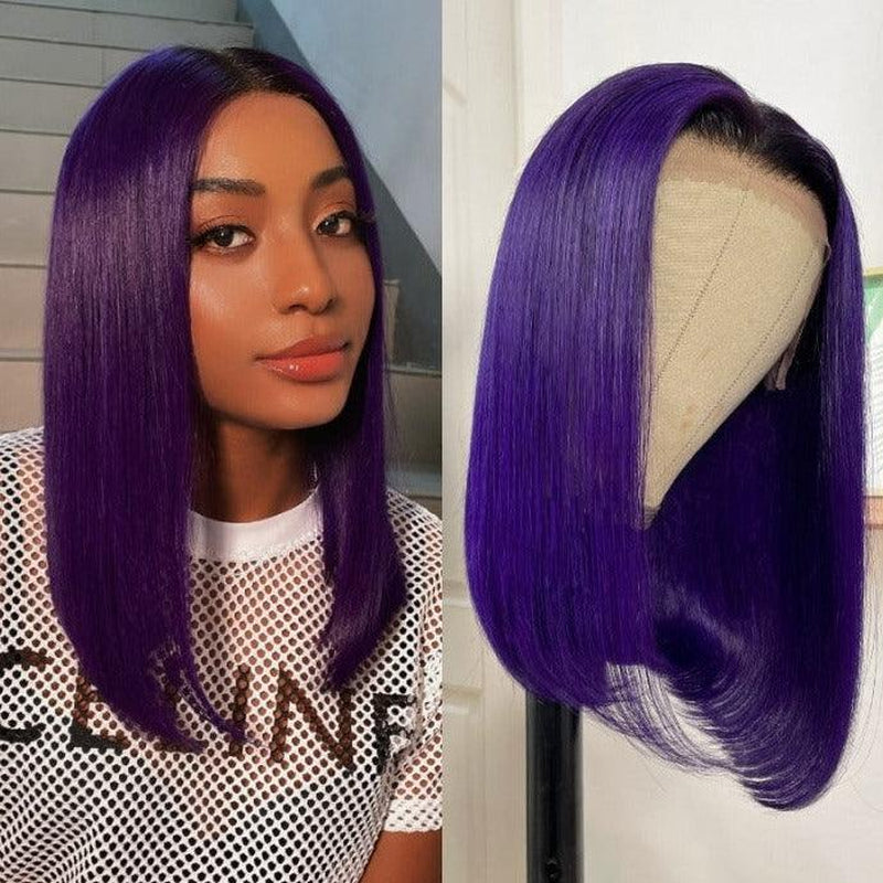 MOONHAIR Short Bob Wig Straight Human Hair Transparent Lace Full Frontal Lace Closure Bob Wig Blue/Red/ (13*4/4*4))