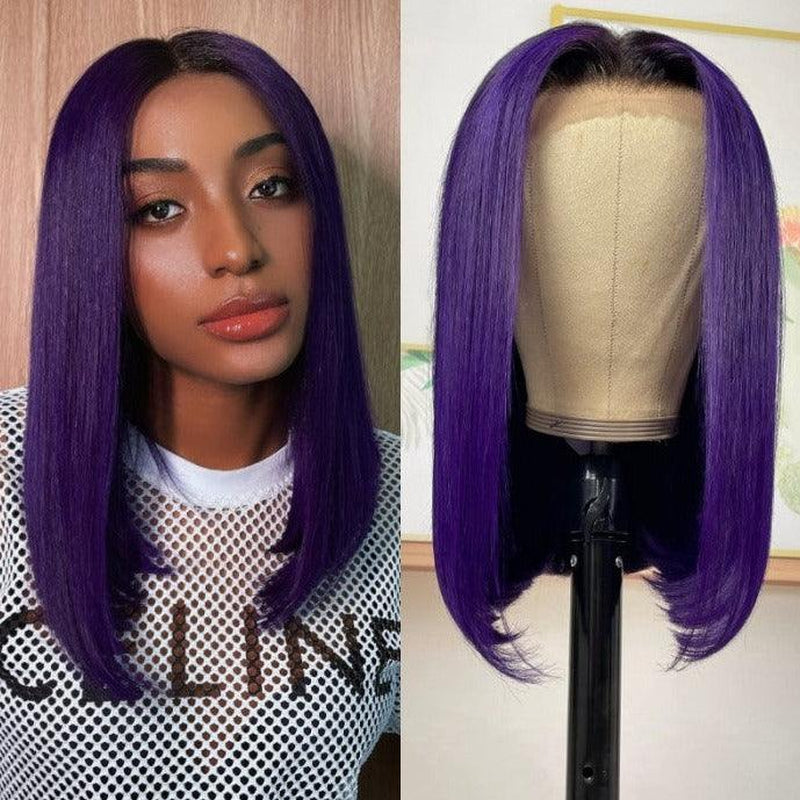 MOONHAIR Short Bob Wig Straight Human Hair Transparent Lace Full Frontal Lace Closure Bob Wig Blue/Red/ (13*4/4*4))