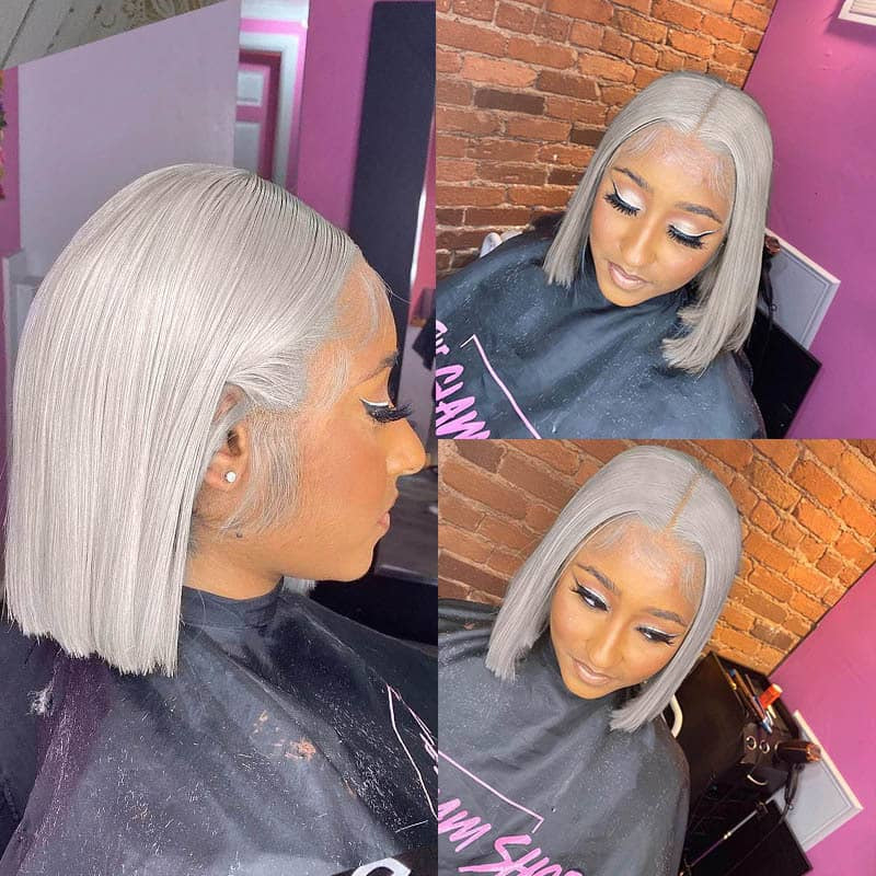 MOONHAIR Silver Gray Short Bob Wig Transparent Lace Wig 180%