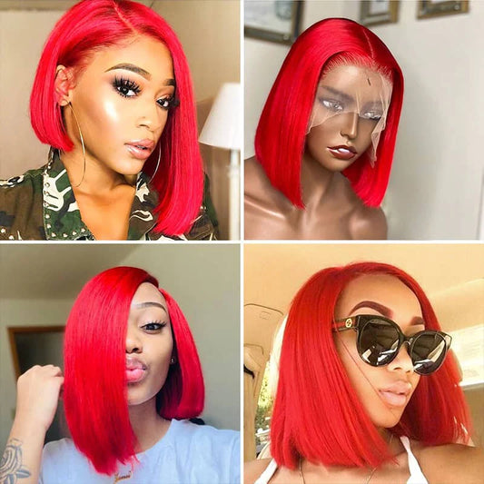 MOONHAIR Short Bob Wig Straight Human Hair Transparent Lace Full Frontal Lace Closure Bob Wig Blue/Red/ (13*4/4*4))