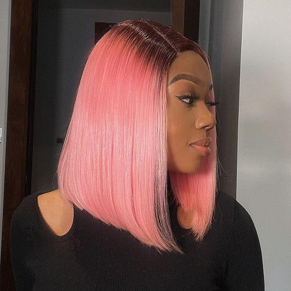 MOONHAIR Short Bob Wig Straight Human Hair Transparent Lace Full Frontal Lace Closure Bob Wig Blue/Red/ (13*4/4*4))