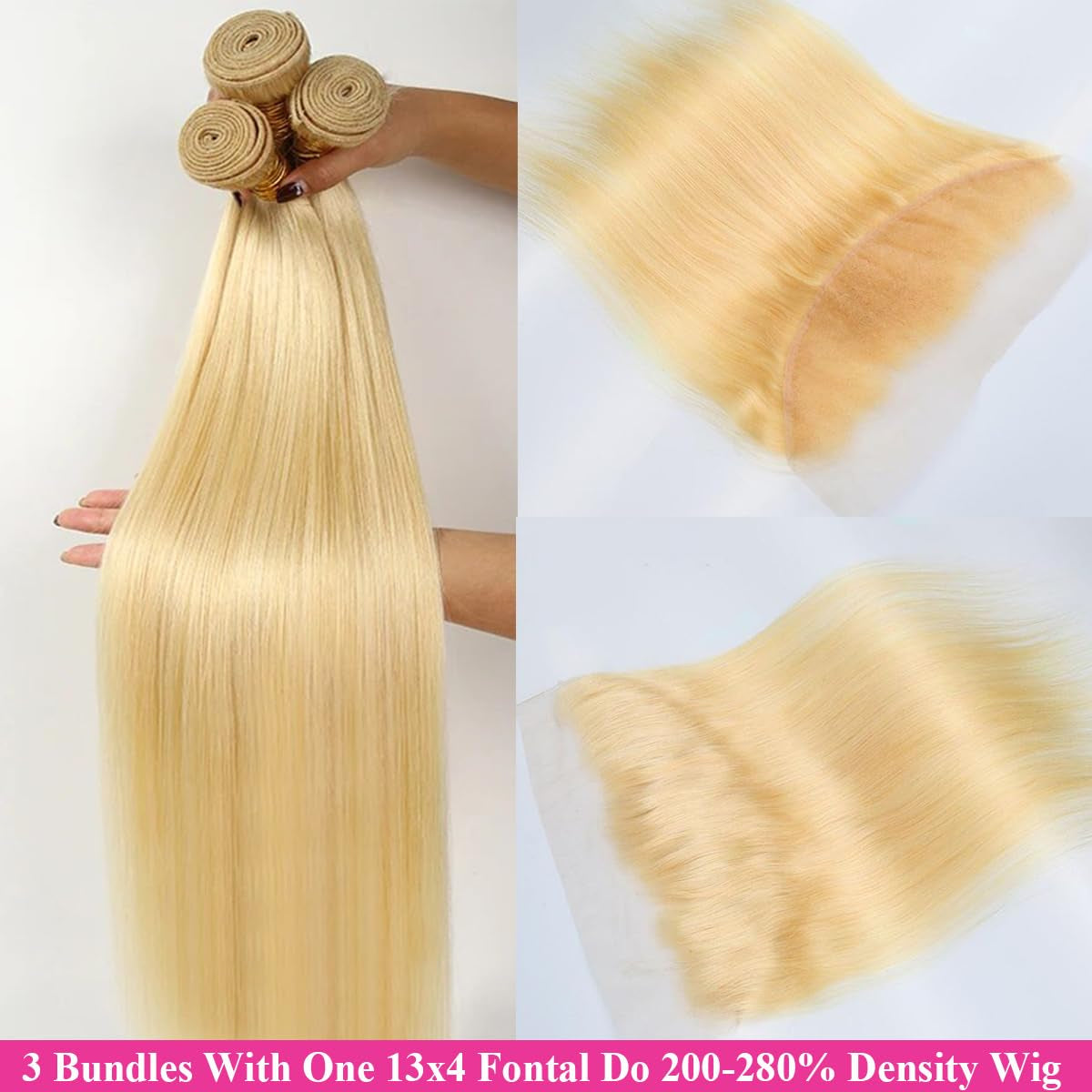613# Blonde with Free Part Remy Human Hair Silky Straight 3Bundles with 13X4 Lace Frontal-Zlike