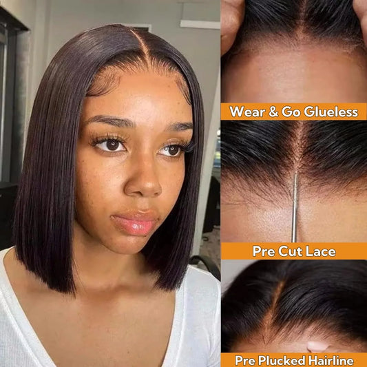 Silky Straight Wear Go Glueless Lace Wigs Short Bob Wig Pre Cut 5X5 HD Lace Closure Wigs