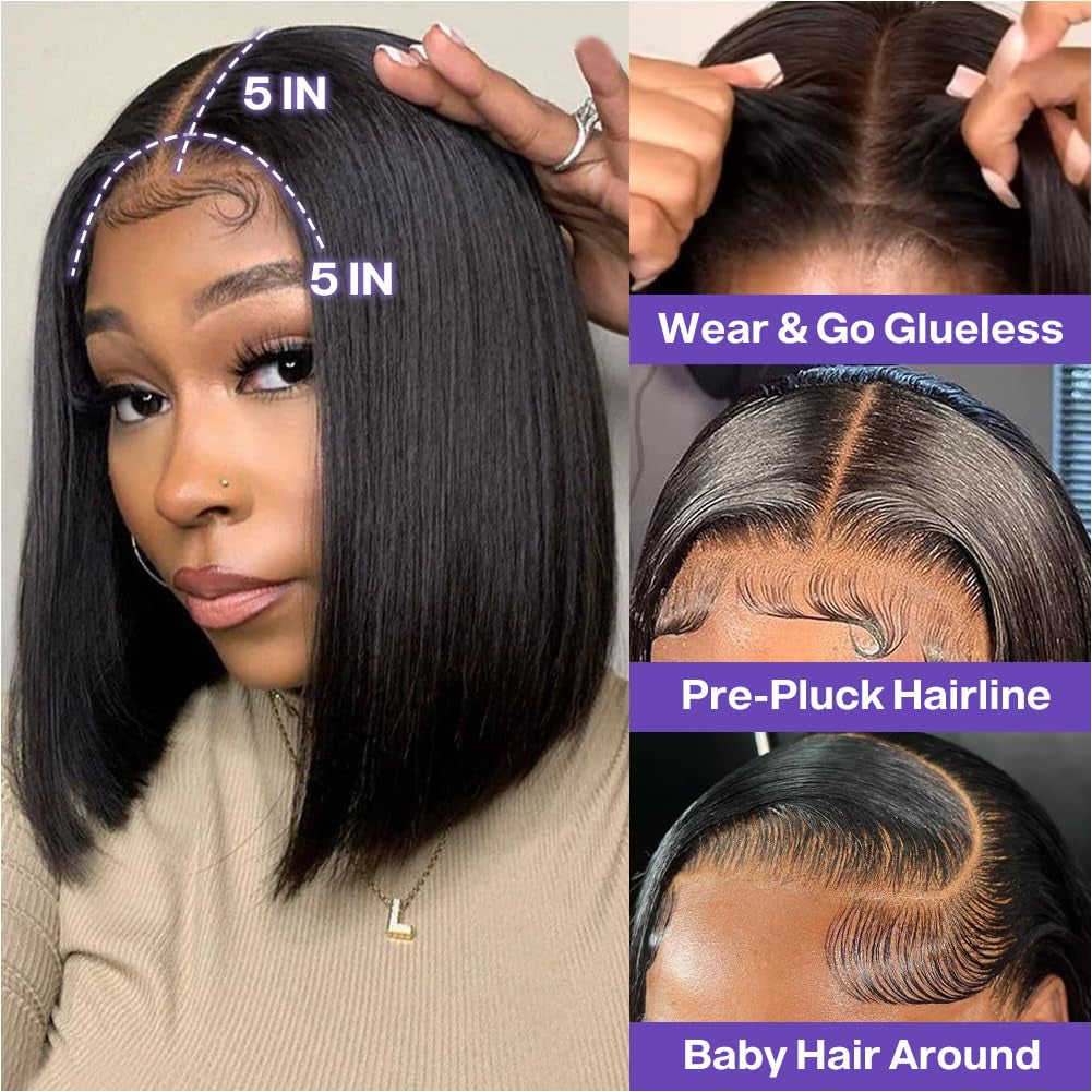 Silky Straight Wear Go Glueless Lace Wigs Short Bob Wig Pre Cut 5X5 HD Lace Closure Wigs
