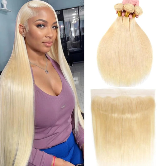 613# Blonde with Free Part Remy Human Hair Silky Straight 3Bundles with 13X4 Lace Frontal-Zlike
