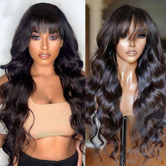 Put on and Go Glueless Body Wave with Bangs Top Lace Wig 100% Human Hair Wigs
