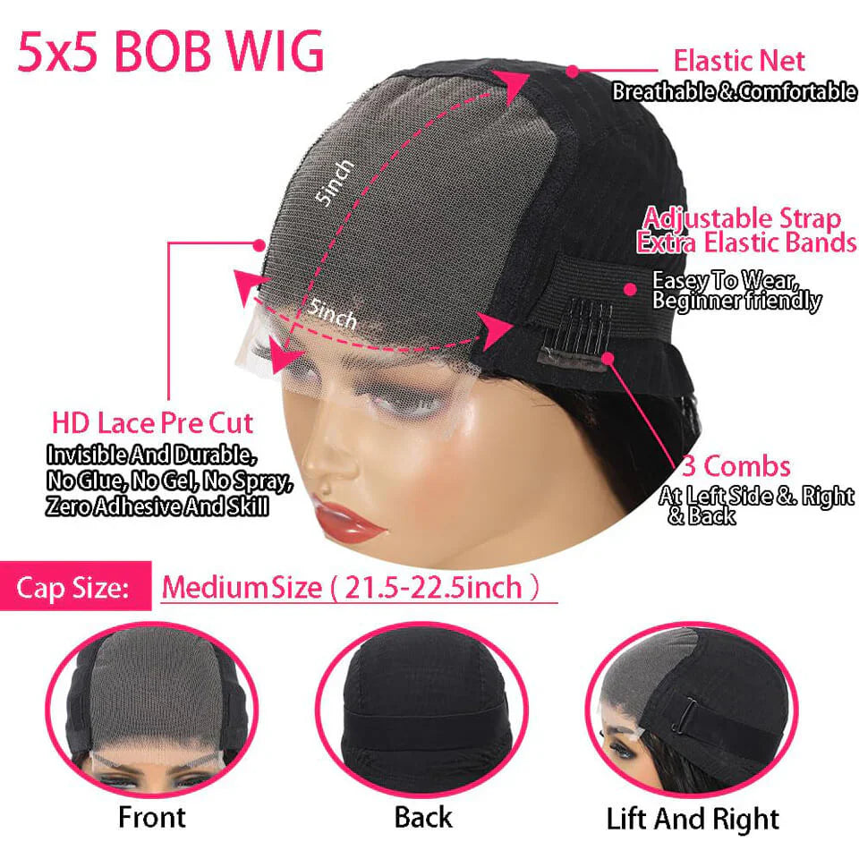 Pre Cut Glueless Short Bob Body Wave HD Lace Closure Wigs 100% Human Hair Wigs