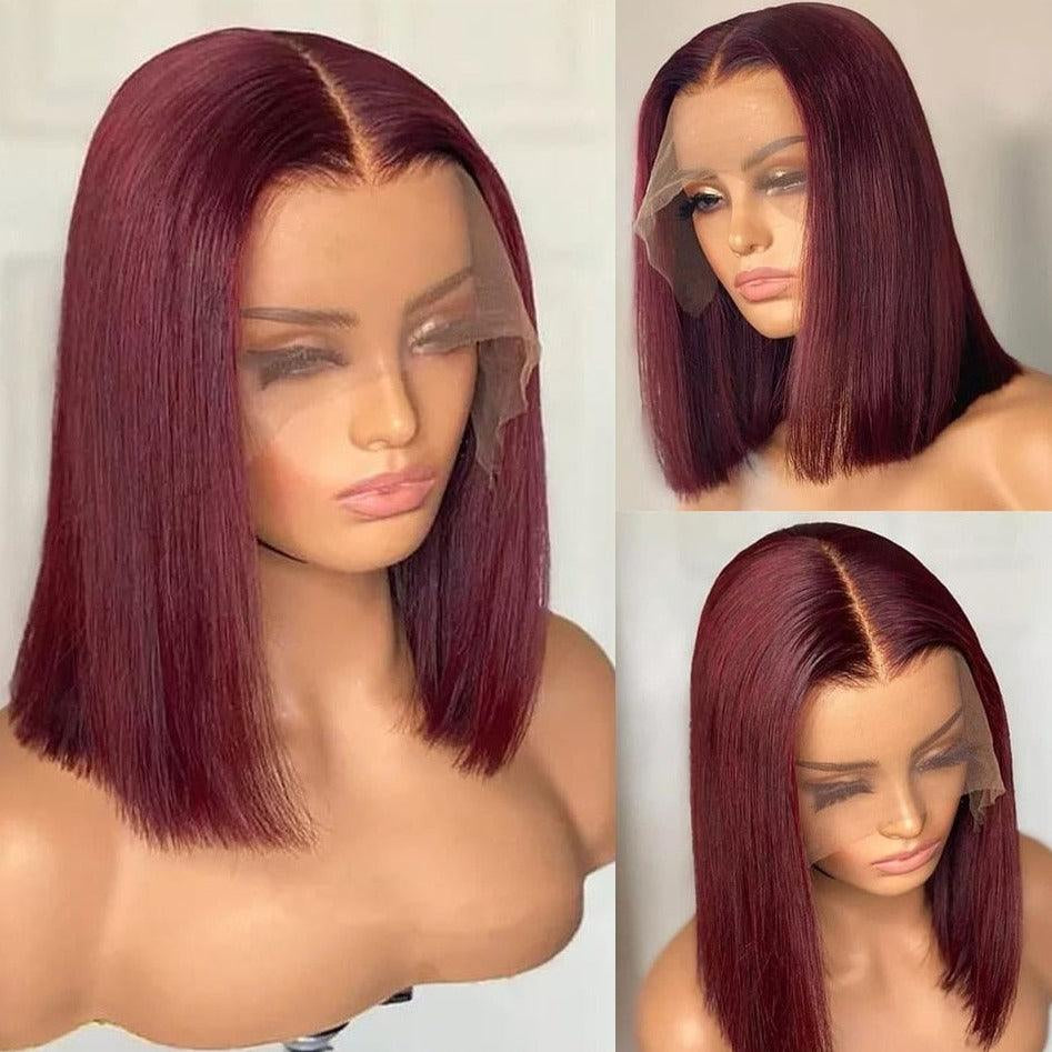 MOONHAIR Short Bob Wig Straight Human Hair Transparent Lace Full Frontal Lace Closure Bob Wig Blue/Red/ (13*4/4*4))