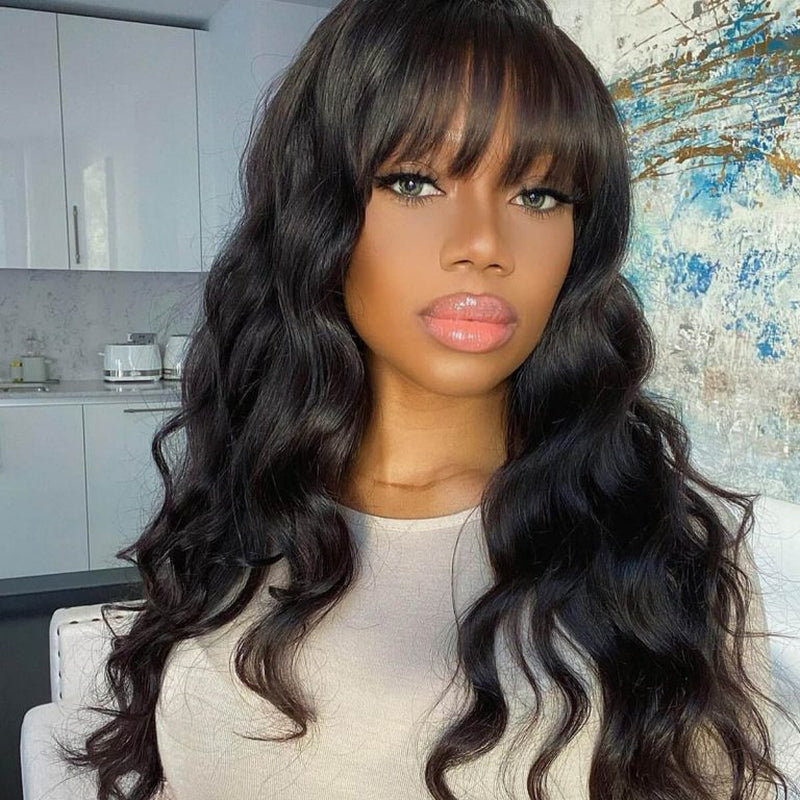 Put on and Go Glueless Body Wave with Bangs Top Lace Wig 100% Human Hair Wigs
