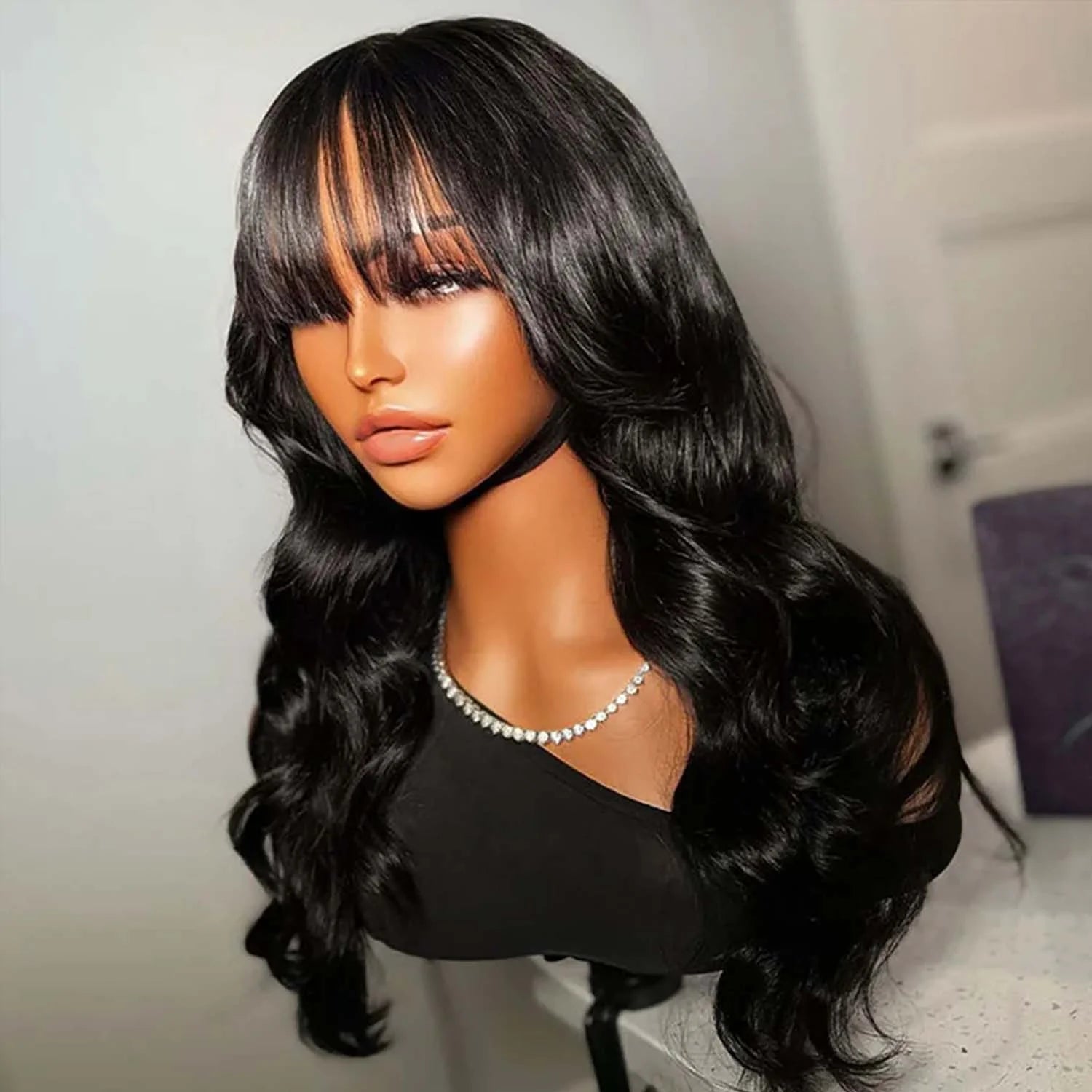 Put on and Go Glueless Body Wave with Bangs Top Lace Wig 100% Human Hair Wigs