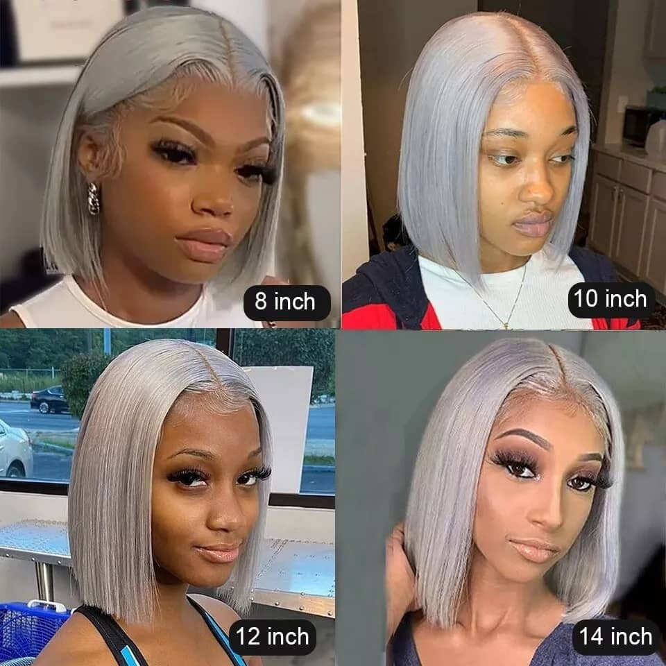 MOONHAIR Silver Gray Short Bob Wig Transparent Lace Wig 180%