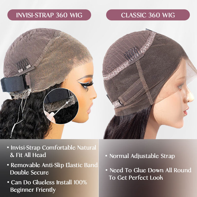 Water Wave Invisi-Strap Breathable 360 Lace Frontal Wigs Bleached Knots Pre Cut Human Hair Wigs