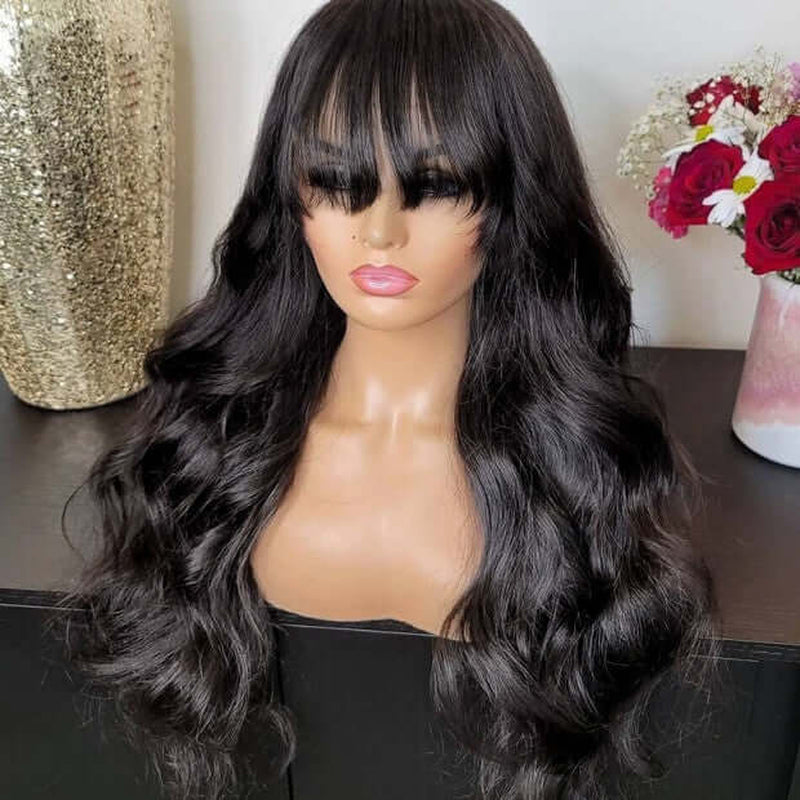 Put on and Go Glueless Body Wave with Bangs Top Lace Wig 100% Human Hair Wigs