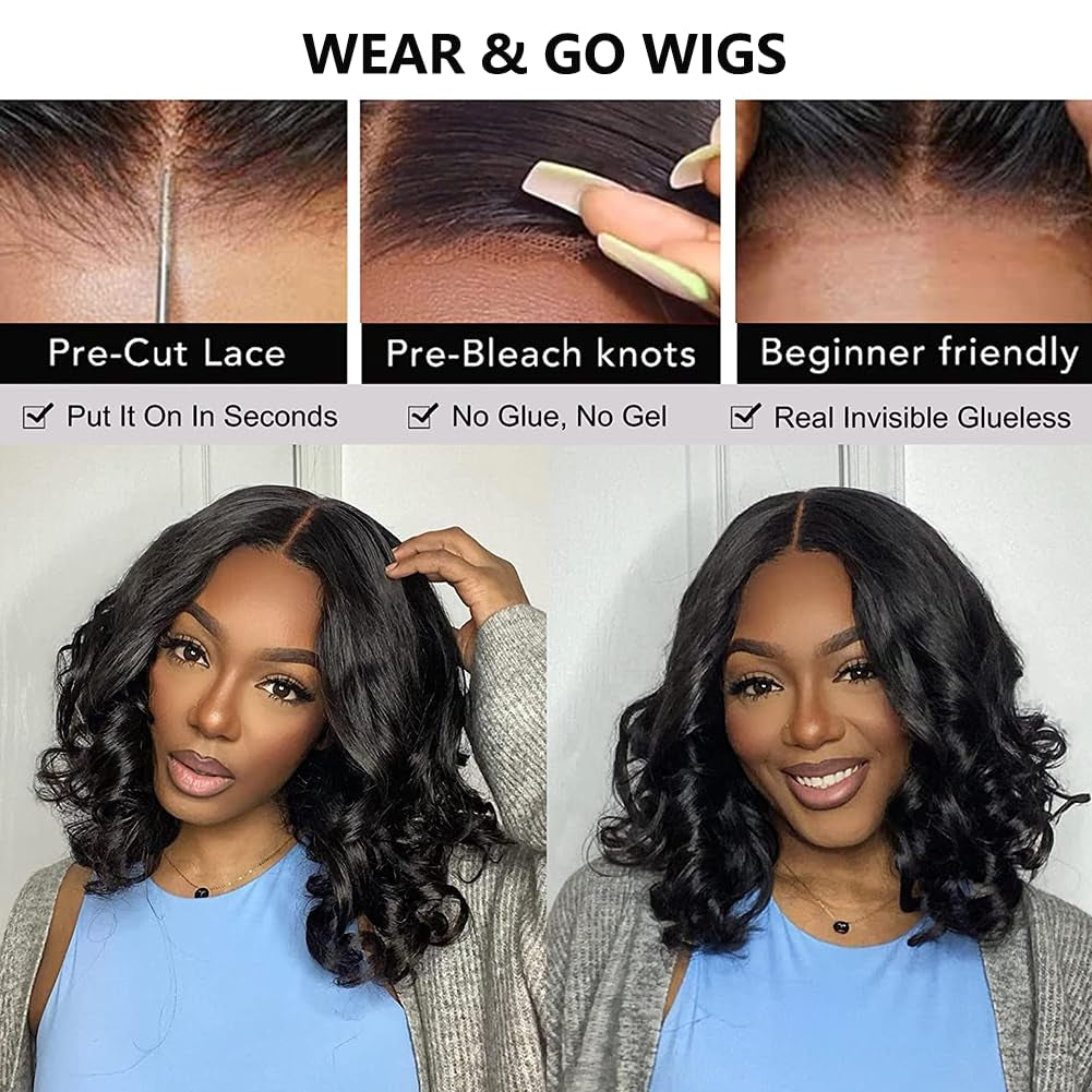 Pre Cut Glueless Short Bob Body Wave HD Lace Closure Wigs 100% Human Hair Wigs