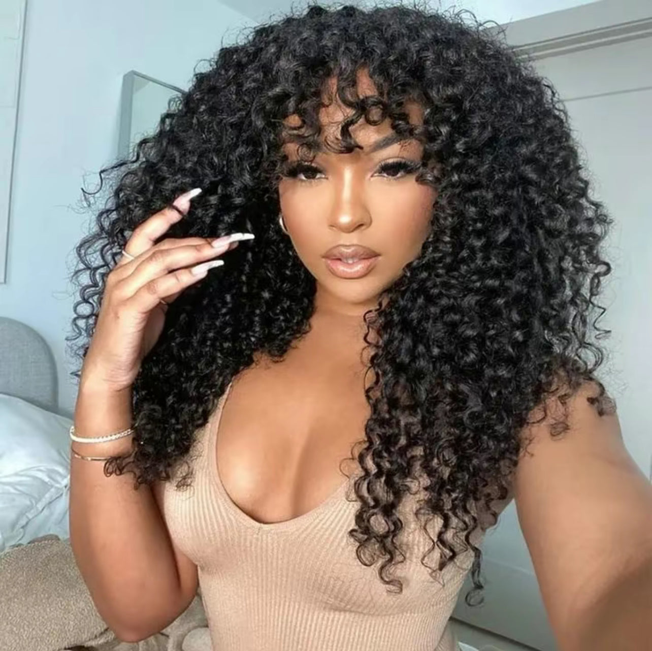 Curly Wave Wig With Bangs Natural Color Human Hair Glueless Wigs