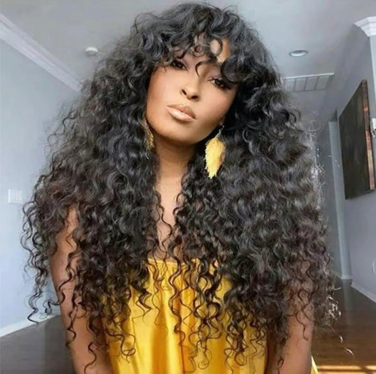 Curly Wave Wig With Bangs Natural Color Human Hair Glueless Wigs