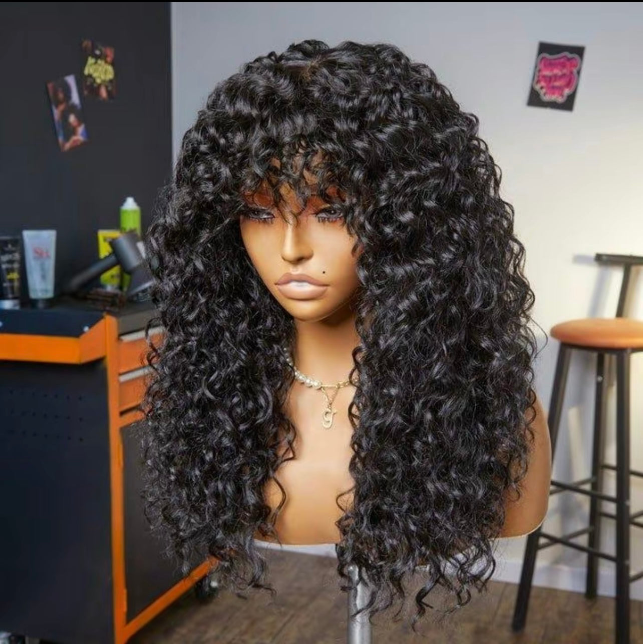 Curly Wave Wig With Bangs Natural Color Human Hair Glueless Wigs