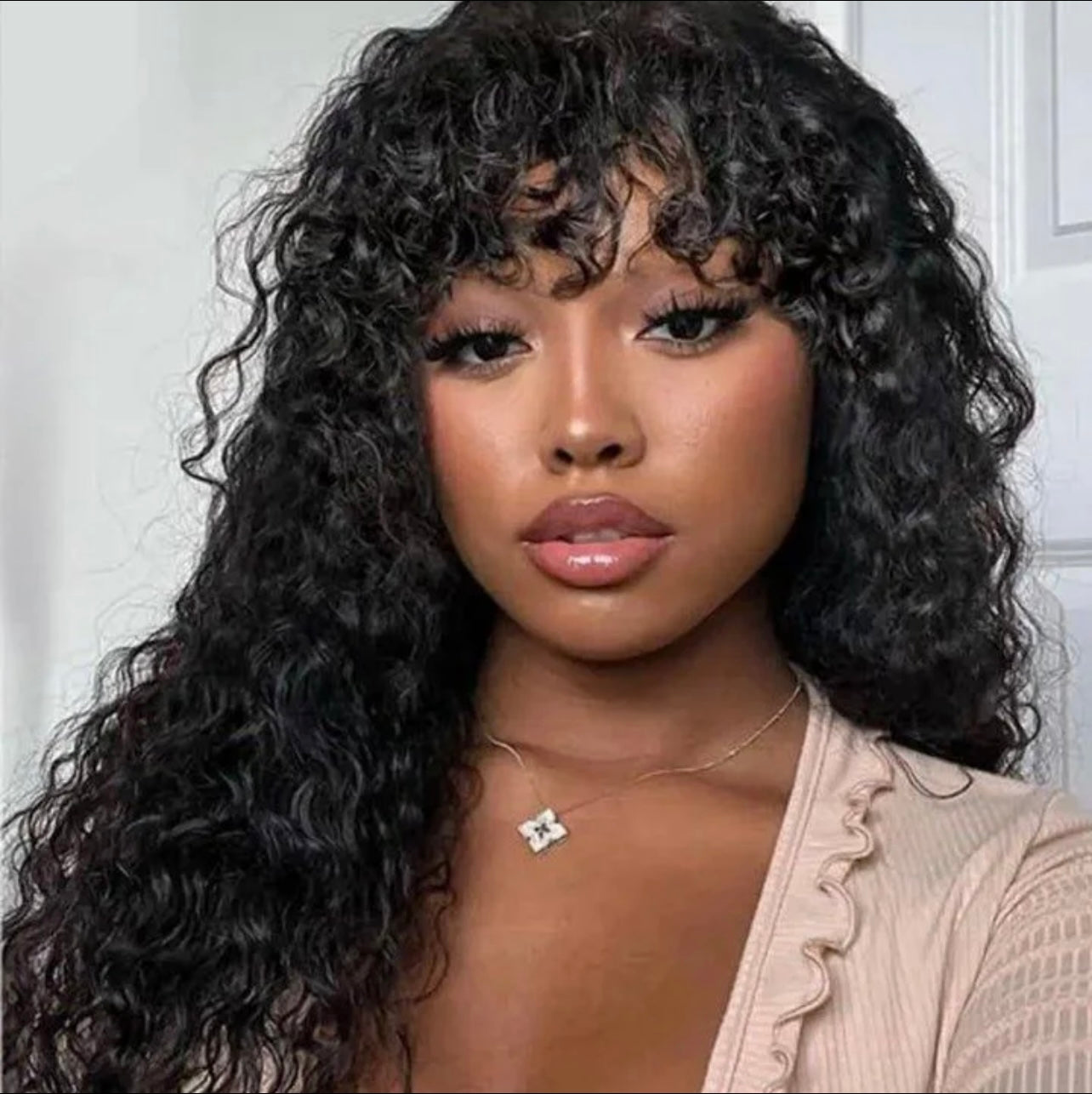 Curly Wave Wig With Bangs Natural Color Human Hair Glueless Wigs