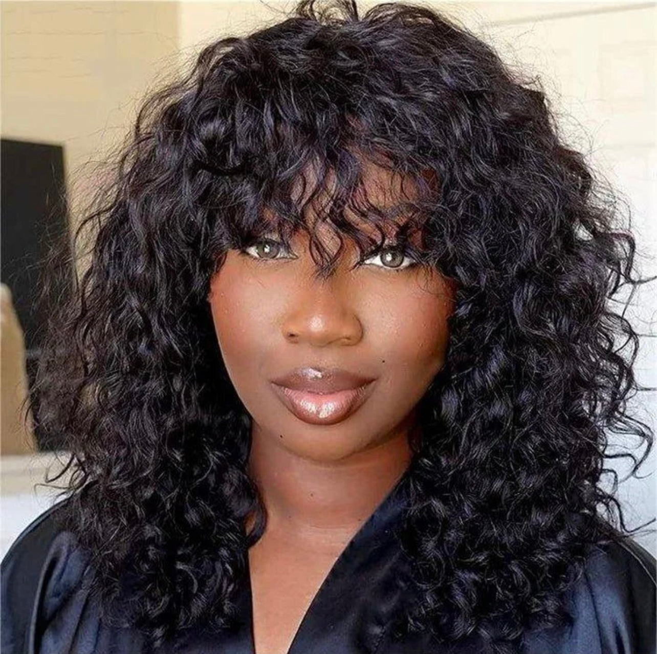 Curly Wave Wig With Bangs Natural Color Human Hair Glueless Wigs