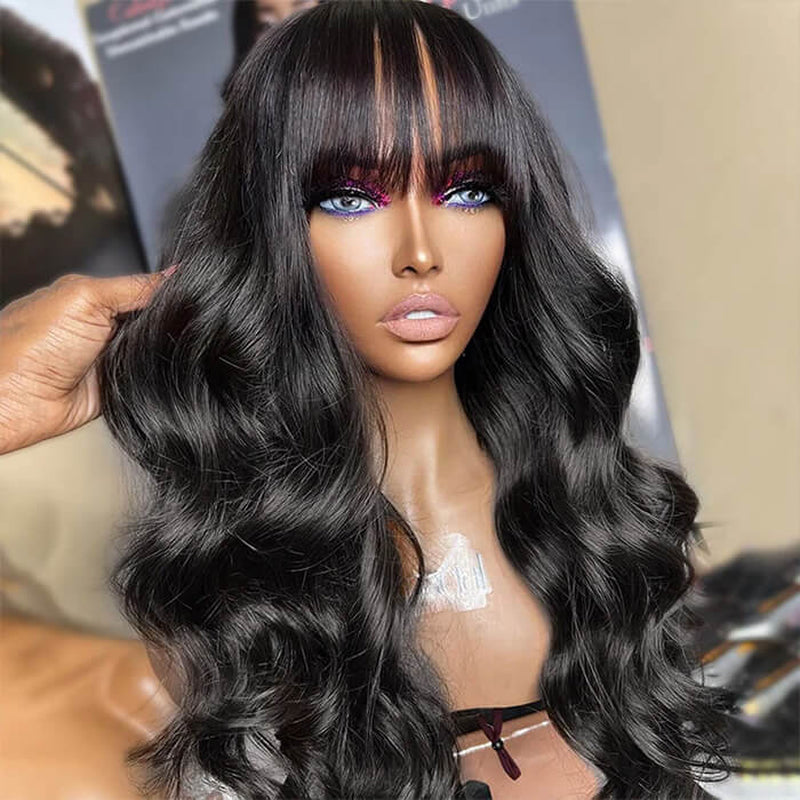 Put on and Go Glueless Body Wave with Bangs Top Lace Wig 100% Human Hair Wigs