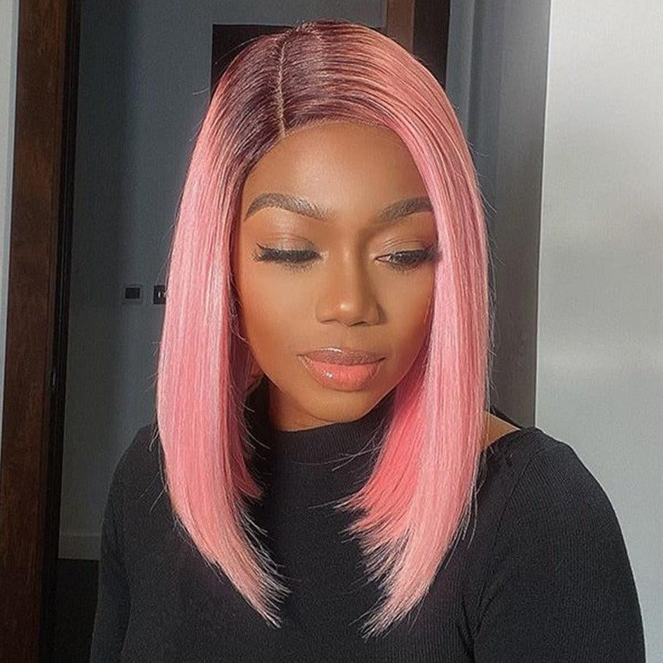 MOONHAIR Short Bob Wig Straight Human Hair Transparent Lace Full Frontal Lace Closure Bob Wig Blue/Red/ (13*4/4*4))