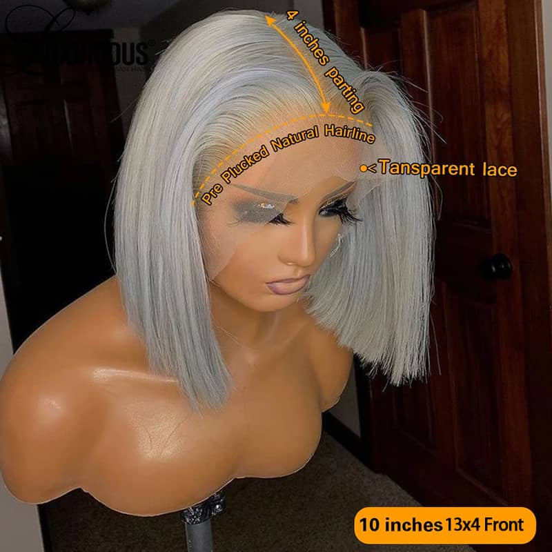 MOONHAIR Silver Gray Short Bob Wig Transparent Lace Wig 180%