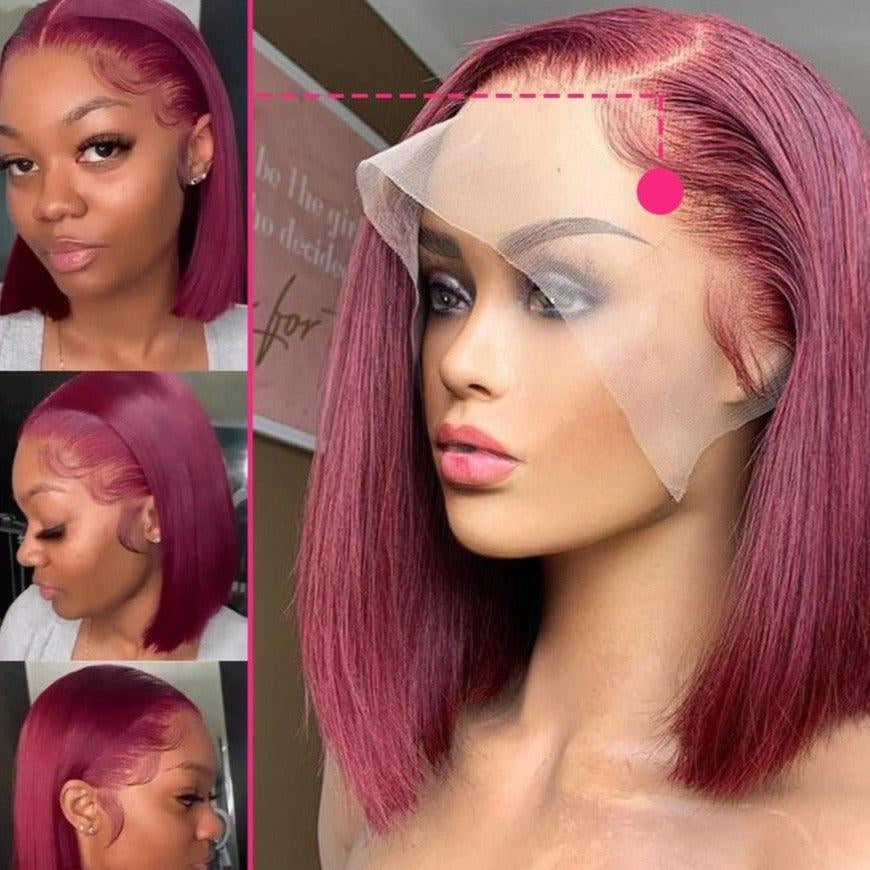 MOONHAIR Short Bob Wig Straight Human Hair Transparent Lace Full Frontal Lace Closure Bob Wig Blue/Red/ (13*4/4*4))