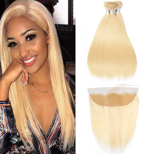613# Blonde with Free Part Remy Human Hair Silky Straight 3Bundles with 13X4 Lace Frontal-Zlike
