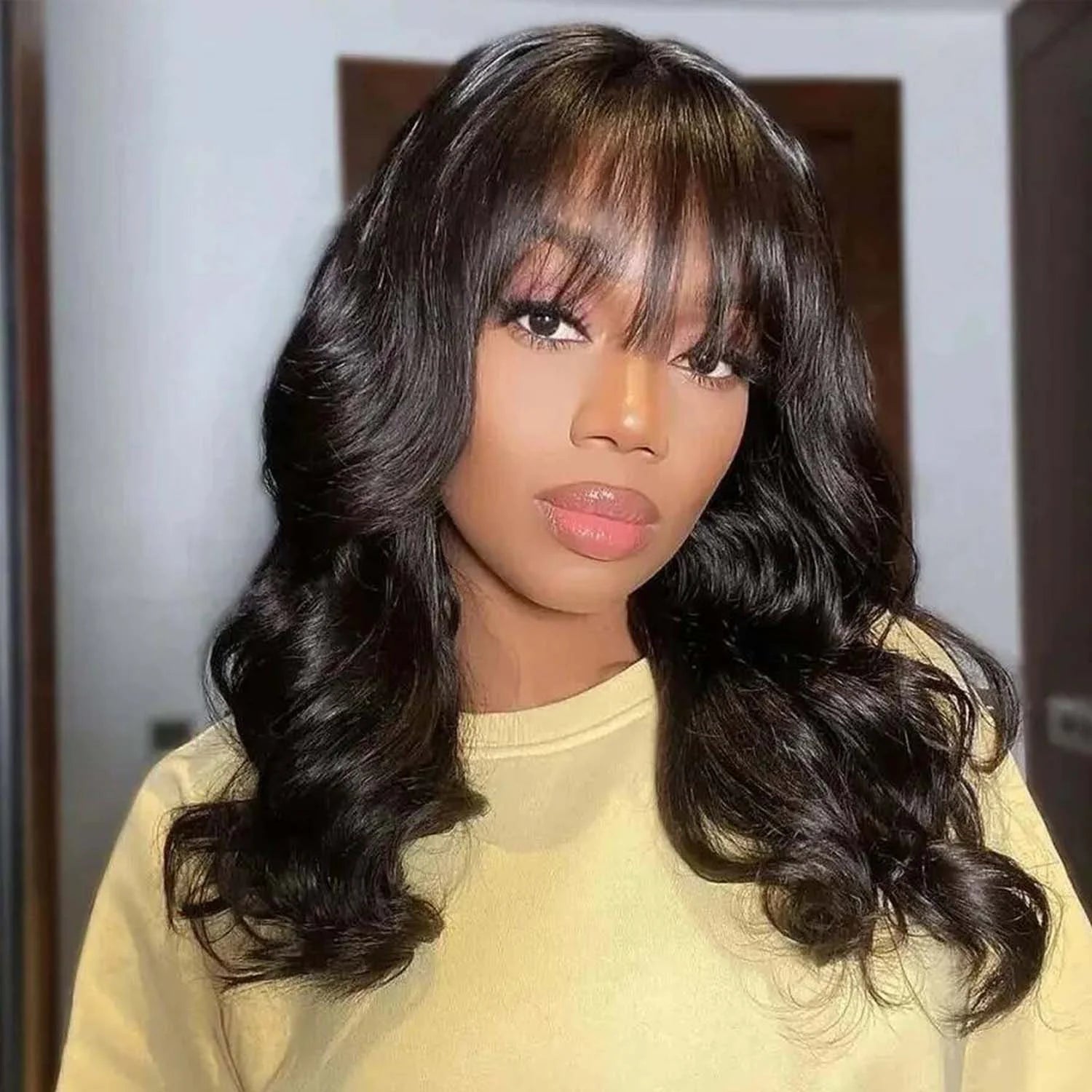 Put on and Go Glueless Body Wave with Bangs Top Lace Wig 100% Human Hair Wigs