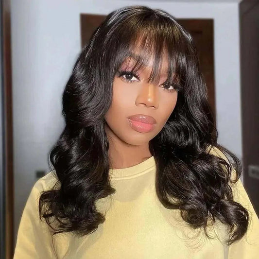 Put on and Go Glueless Body Wave with Bangs Top Lace Wig 100% Human Hair Wigs