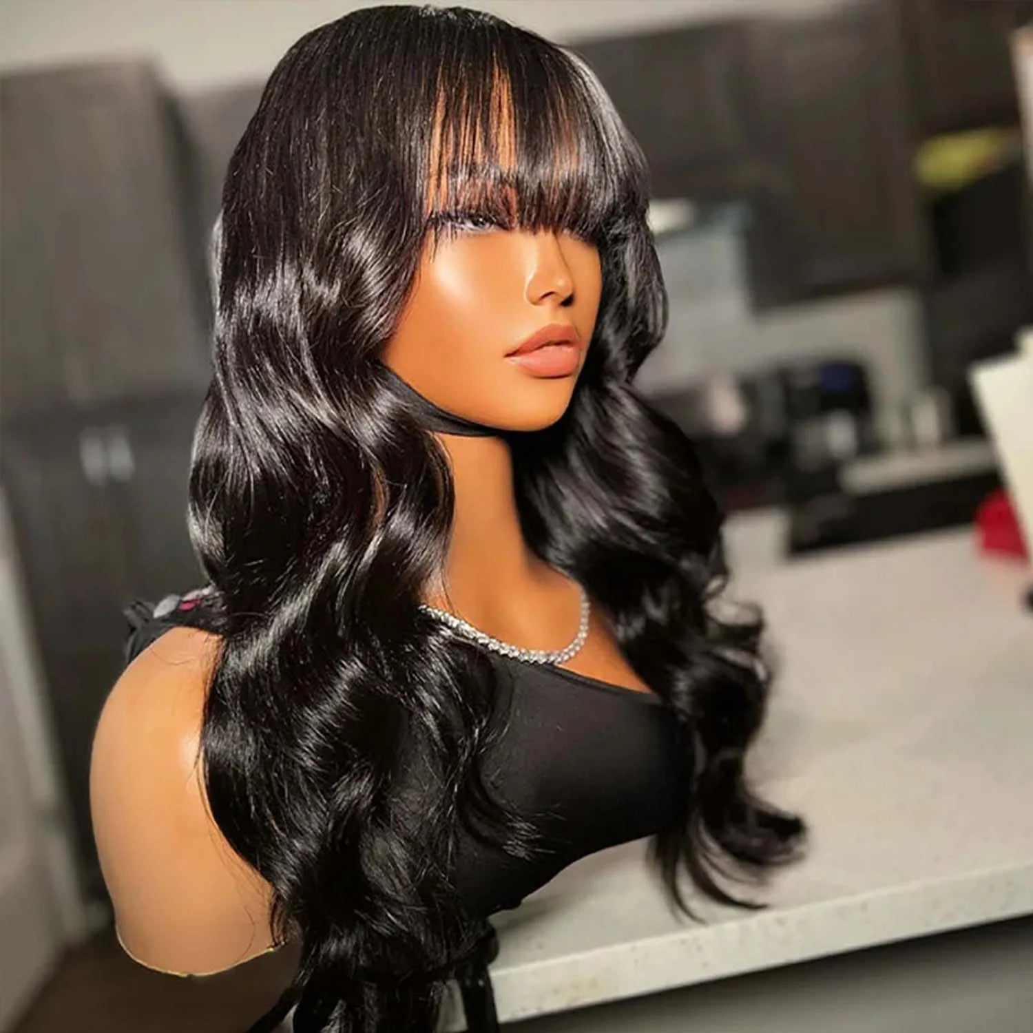 Put on and Go Glueless Body Wave with Bangs Top Lace Wig 100% Human Hair Wigs