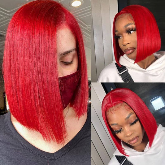MOONHAIR Short Bob Wig Straight Human Hair Transparent Lace Full Frontal Lace Closure Bob Wig Blue/Red/ (13*4/4*4))